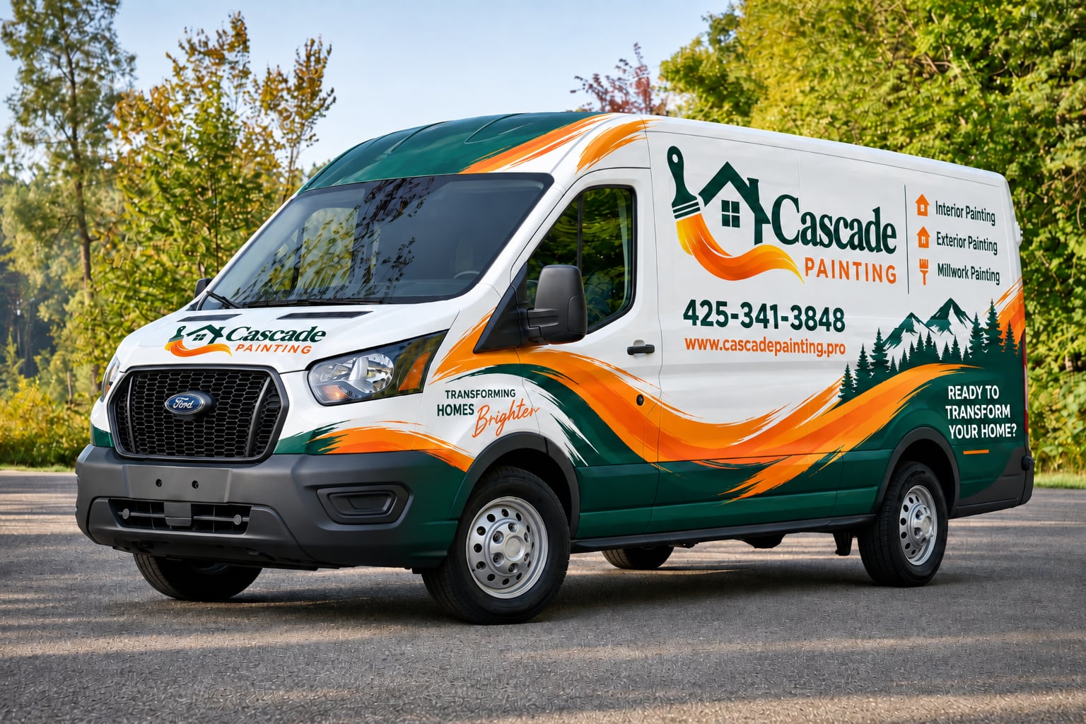 Cascade Painting van with green and orange brush-stroke livery parked by a tree line